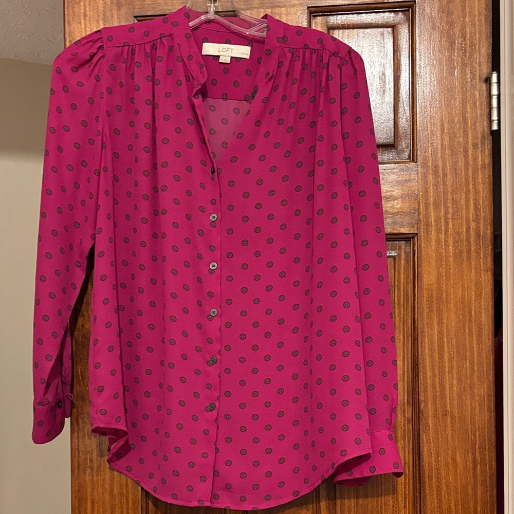 LOFT Magenta Dot-Print Button Blouse